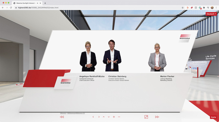 ﻿Trotz einer Erlebnismesse im virtuellen Raum erfolgt die persönliche Begrüßung durch die Vorstandsvorsitzende Angelique Renkhoff-Mücke, Christian Steinberg, ­Vorstand Global Market und Marion Fischer, Marketing-Leiterin.