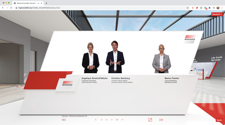Trotz einer Erlebnismesse im virtuellen Raum erfolgt die persönliche Begrüßung durch die Vorstandsvorsitzende Angelique Renkhoff-Mücke, Christian Steinberg, Vorstand Global Market und Marion Fischer, Marketing-Leiterin.