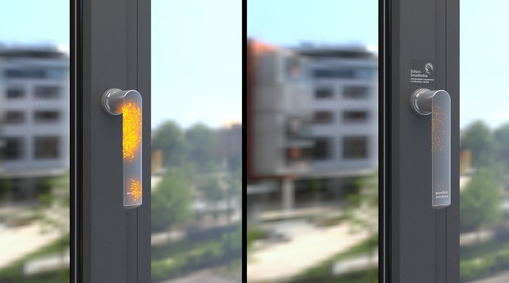Visualisierung Schüco SmartActive: Die in der Oberfläche eingebundenen Mikrosilber-Partikel verhindern wirkungsvoll die Keimvermehrung auf Schüco Fenster- und Schiebegriffen, Türdrückern und Profiloberflächen. In unabhängigen Laboruntersuchungen konnte anhand von MRSA- und Escherichia coli (E. coli-)Bakterien eine Keimreduktion von mindestens 99,9 % binnen 24 Stunden nachgewiesen werden.