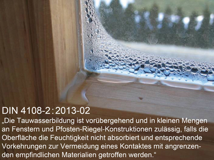 Tauwasserbildung am unteren Glaseck durch Wärmebrückenwirkung des Abstandhalters mit Bewertungsgrundlage aus der DIN 4108-2. - © ift Rosenheim
