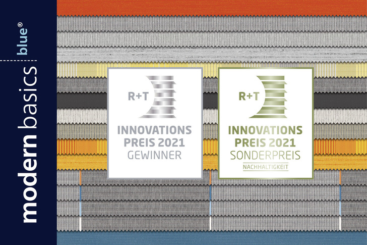 Die Markisentuchkollektion modern basics blue wurde mit gleich zwei Preisen ausgezeichnet: dem R+T Innovationspreis in Silber sowie dem Sonderpreis Nachhaltigkeit.