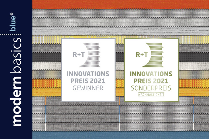 Die Markisentuchkollektion modern basics blue wurde mit gleich zwei Preisen ausgezeichnet: dem R+T Innovationspreis in Silber sowie dem Sonderpreis Nachhaltigkeit. - © Foto: Weinor
