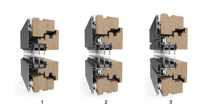 Das Fensterprofil Combiline ist in drei Ausführungen erhältlich: (1) Integral: Geschlossen verschwindet das Profil vollständig hinter der schwarzen Rahmen-Abdeckschale. (2) Minimal: In geschlossener Position beträgt die umlaufende Flügelansicht 10 mm. (3) Flächenbündig: Auf der Außenseite ist eine durchgängige Flächenbündigkeit zwischen Glaselement und Rahmen gegeben.