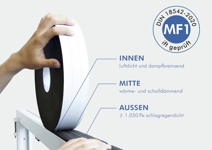 MF1-zertifiziertes Multifunktionsdichtband für Anschluss­fugen von Fenstern und Türen.