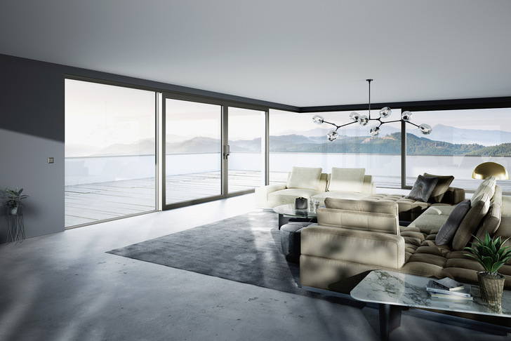 Realisiert als Ganzglasecke kreiert das Hebe-Schiebesystem heroal S 77 SL maximale Transparenz im Gebäudeinneren.