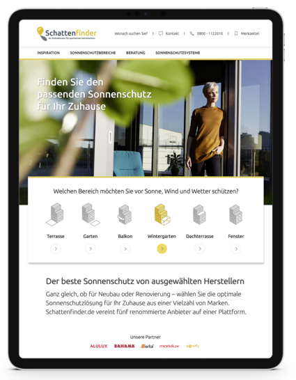 Mit dem „Schattenfinder“ gibt es die erste hochwertige Onlineplattform, die rund um das Thema Sonnenschutz für Heim und Garten umfangreiche Infos und Beratung bietet. Zu den Partnern des Portals zählen: markilux, ­Erfal, Alulux, Somfy und Bahama.