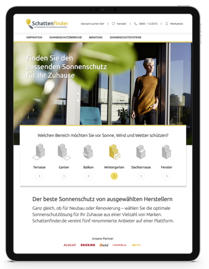 Mit dem „Schattenfinder“ gibt es die erste hochwertige Onlineplattform, die rund um das Thema Sonnenschutz für Heim und Garten umfangreiche Infos und Beratung bietet. Zu den Partnern des Portals zählen: markilux, ­Erfal, Alulux, Somfy und Bahama. - © Foto: Markilux
