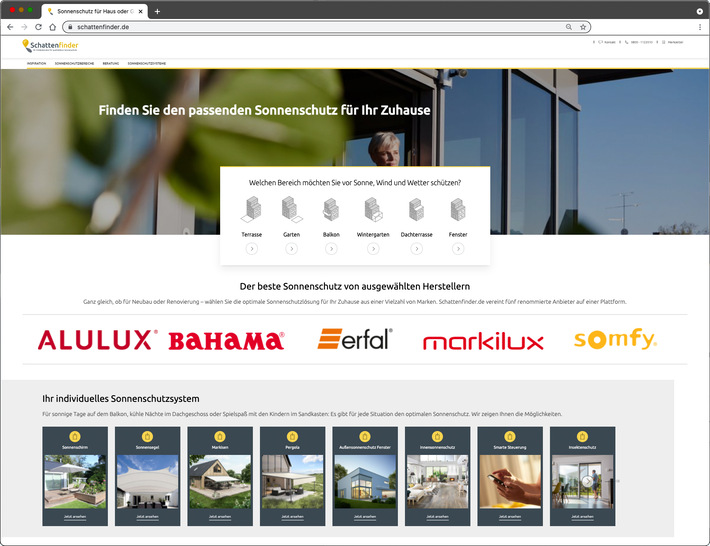Mit dem „Schattenfinder“ gibt es die erste hochwertige Onlineplattform, die rund um das Thema Sonnenschutz für Heim und Garten umfangreiche Infos und Beratung bietet. Zu den Partnern des Portals zählen: markilux, Erfal, Alulux, Somfy und Bahama.