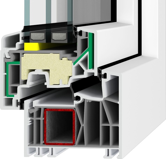 Alles ist drin beim Master 88 von hilzinger: Bei besonders großen und schweren Elementen wird die Verglasung zusätzlich verklebt (gelb). Hauptfokus liegt aber auf dem glasfaserverstärktem Hightech-Material (grün). - © hilzinger
