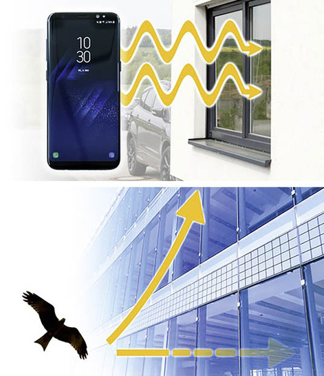 Schutz vor Vogelschlag bietet eine spezielle Geometrie, die mittels Laser in die Glasbeschichtung eingebracht wird und so für Vögel ein sichtbares Hindernis darstellt.