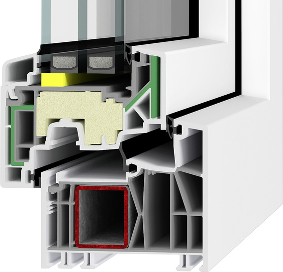 Alles ist drin: Bei besonders großen und schweren Elementen wird die Verglasung zusätzlich verklebt (gelb). Hauptfokus liegt aber auf dem glasfaserverstärkten Hightech-Material (grün).