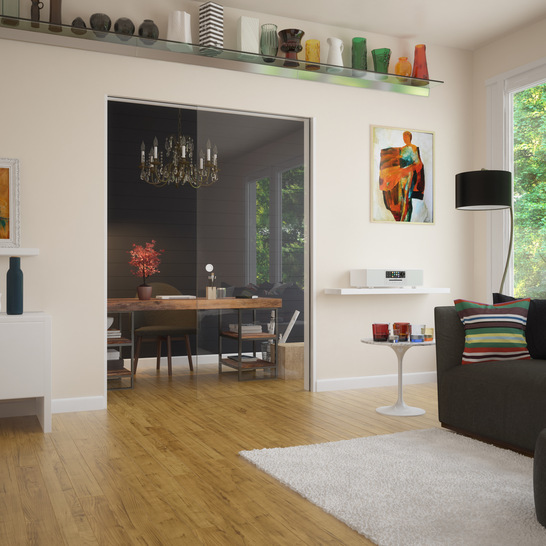 Die modifizierten Module aus dem Muto Programm als Schiebetürlösung Muto Comfort L 80 Pocket erlauben den Einbau der Laufschiene in einen Deckenschlitz sowie das Verfahren der Schiebetür in eine Wandtasche.