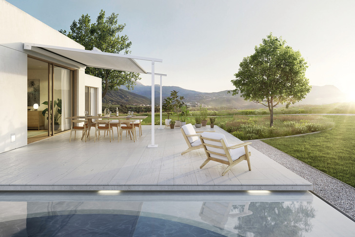 Die Pergola-Markise Perea P20ist wie gemacht für kubische Architekturformen. Mit dem filigranen ­Erscheinungsbild verschattet sie eine Fläche von bis zu 30 m2.
