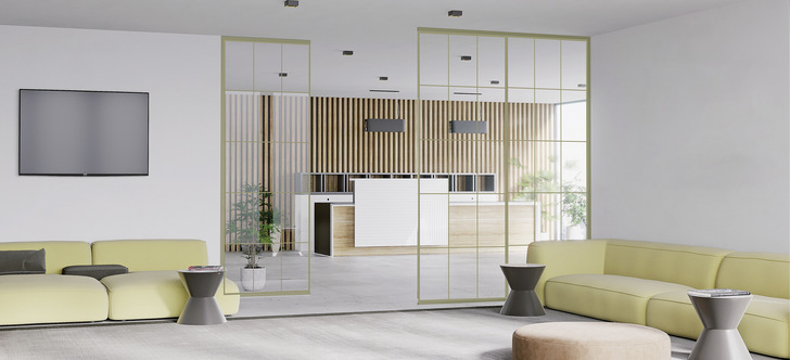 „Rundes“ Bild mit erkelenz Glas bei der Raumgestaltung: Die Color|Line Tür­systeme ­greifen die Trendfarben Schilfgrün, ­Graphit,  Quarz-Grau und Maron aus  dem Möbelbau auf. 
 Mit Color|Line greift erkelenz Trendfarben aus dem Möbelbau auf. Bei den oberen Bildern lehnt sich der Farbton der Türen an die Farbe der Möbel an (l.).