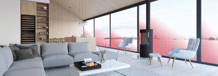 Heizen mit Glas: Wohlige Wärme durch beheizbares Glas, hier mit roten Wellen dargestellt. Die Heizelemente sind in Wirklichkeit nicht sichtbar.