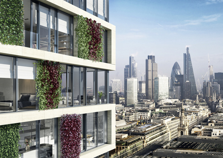 Die Schüco AF UDC 80 Green Façade ist eine nachhaltige Objektlösung für Großstädte. Anders als bei der ­bodengebundenen Fassadenbegrünung wachsen in der Schüco-Fassade selbst Pflanzen.