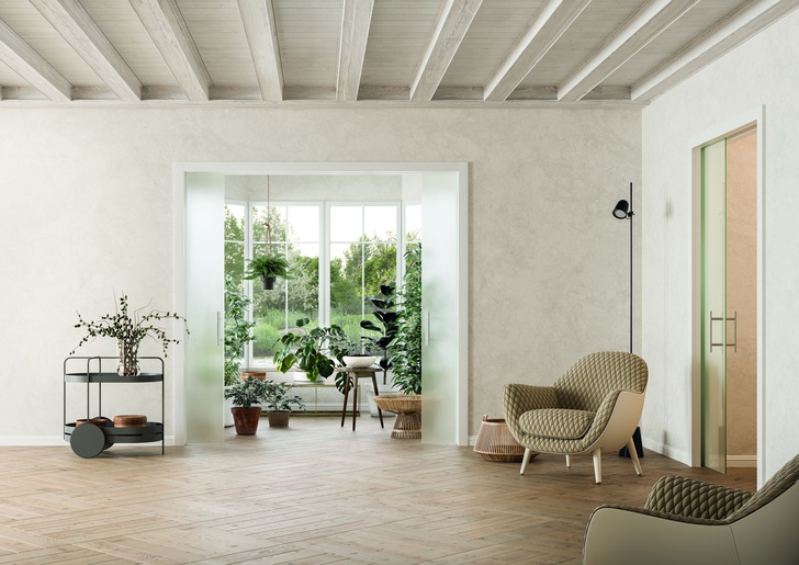  Hier im Bild das Schiebetürmodel Eclisse Unico mit Doppelflügel in der Ausführung Glas. 