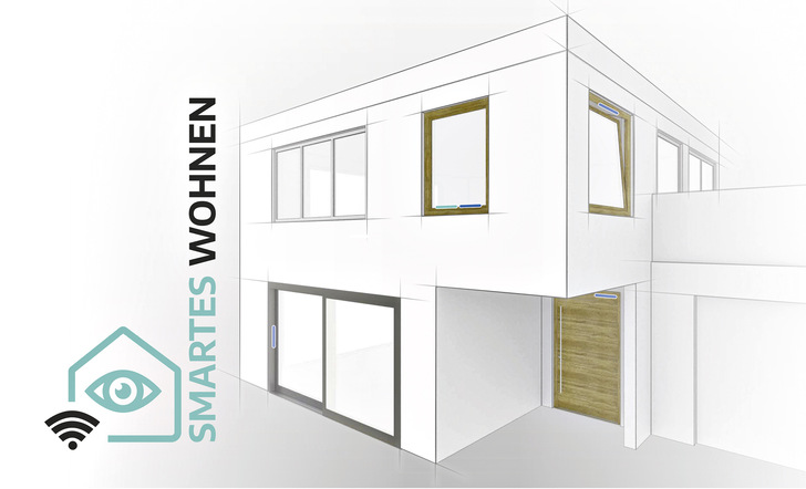 An den Fenstern und ­Türen sind die Positionen markiert, wo die Sen­soren platziert werden ­können 
(blau: mTronic, grün: eTronic).