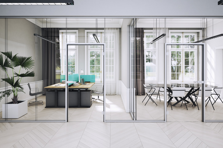 Die neue einfach verglaste Innenwand MB-Harmony Office von  Aluprof  ist bis zu einer Größe von 3,6 m erhältlich.