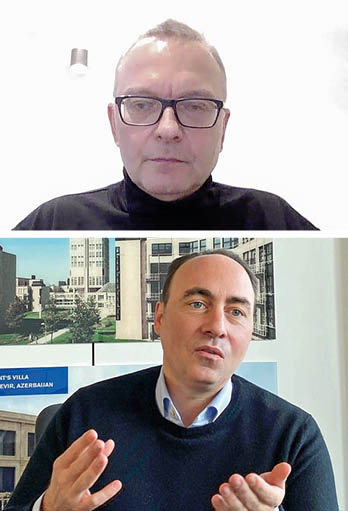 Christian Klinger (oben, Miteigentümer und ­Unternehmenssprecher IFN Holding AG) und Philipp Neuffer, Miteigentümer und Geschäftsführer Neuffer Fenster & Türen GmbH im Video-Call mit GLASWELT-­­­Chefredakteur ­Daniel Mund. - © Foto: Daniel Mund / GLASWELT
