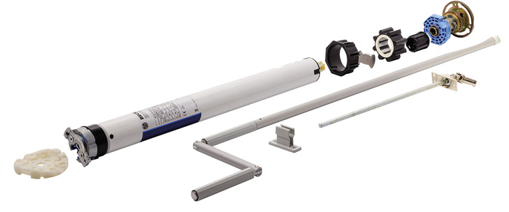 Das Set aus Antrieb, Handkurbel und Zubehörteilen beinhaltet alles für eine einfache und schnelle Montage.