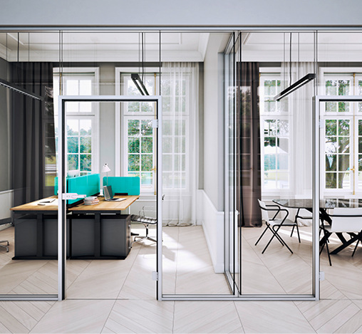 Aluprof bietet mit MB-Harmony Office eine neue, gläserne Innenwand an.