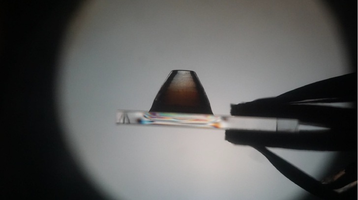 An eine Scheibe angedruckter gläserner Träger in polarisiertem Licht. - © TU Darmstadt
