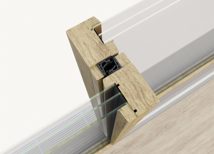 Der Portal HS slim von Siegenia für Elemente aus Holz und Holz-Aluminium überzeugt durch schlanke Ansichtsbreiten – selbst in der Mittelpartie sind es gerade einmal 60 mm.