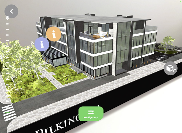 Mit der PilkingtonAR App können User die Gebäudehülle interaktiv planen und verändern. Dabei lassen sich verschiedene Glastypen virtuell in die Fassade einsetzen und optisch beurteilen. - © Foto: Pilkington Deutschland AG
