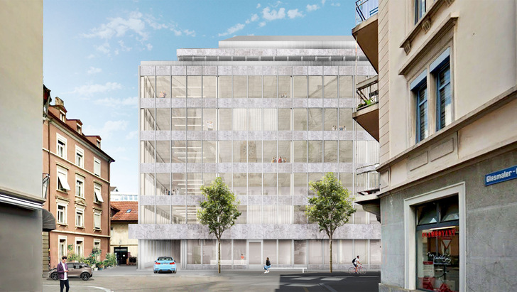 Das Gebäude in Zürich aus dem Jahr 1980 wird derzeit in ein modernes Bürogebäude umgewandelt. Für die Fassade liefert die eyrise B.V. 3000 m2 schaltbares Flüssigkristallglas, welches die Sonnenschutzfunktion übernimmt. - © Swiss Prime Sites Immobilien AG
