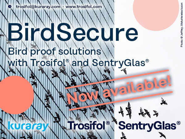 Unter dem Namen BirdSecure ist sind jetzt auch VSG-Zwischenlage erhältlich, die vor Vogelschlag schützt.