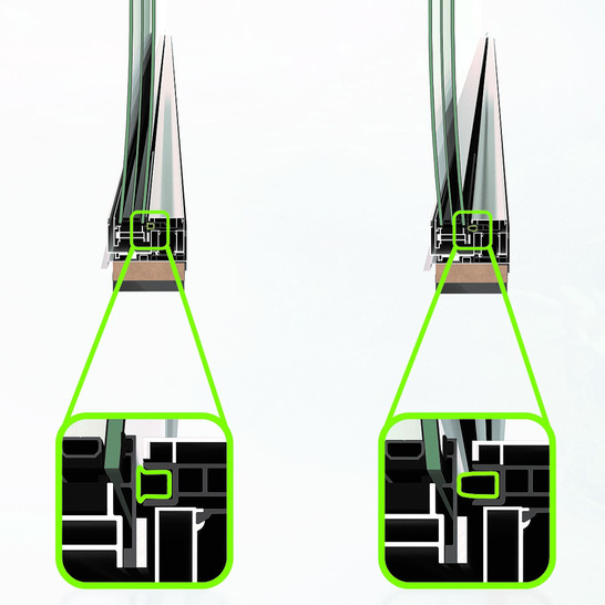 Das Schiebesystem Schüco AS AL 75 hält Windlasten der Klasse C4/B4 Stand. Windlasten wirken sich als Druck (Abb. links) oder Sog (Abb. rechts) auf das Schiebeelement aus. Dank seiner Membranfunktion passt sich die Dichtung den Bewegungen an und verschließt den Spalt zwischen Schiebeflügel und Blendrahmen der Panorama Design Schiebetür zu 100 %.