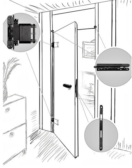 Im Messe-Fokus: Die neue Version eines verdeckt liegenden Bandes mit integriertem Türschließer, ein dreidimensional justierbarer Blendenhalter und farbliche Durchgängigkeit bei den Türbeschlägen.