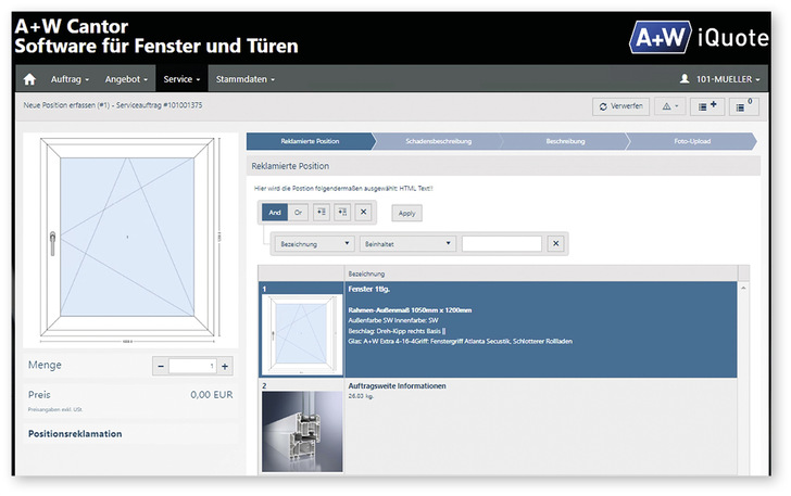Der A+W Cantor Web-Konfigurator dient neben der Bestellabwicklung auch zur Erfassung von Service-Aufträgen.