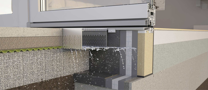 Zusammen mit dem ift hat Triflex nach der ift-Richtlinie „Baukörperanschluss bei Fenstern“ MO-01/1 sowie in ­Anlehnung an die DIN EN 1027 ein neues Prüf-Verfahren ins Leben gerufen. Dabei wird der Bereich zwischen ­Außentür und Schwelle einem Wasserdruck von 