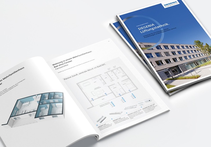 Auf insgesamt 68 Seiten bietet die neue Anwendungsbroschüre „SIEGENIA Lüftungstechnik“ gebündelte Informationen zur fachgerechten Planung dezentraler Lüftungslösungen. - © Siegenia

