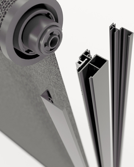 Das Coolscreen-Konzept besteht aus einer ­Endleiste (37 mm), zwei teilbaren Seitenführungen mit ­Klicksystem (35 mm), einer Mittelführung (55 mm) und zwei Kastenmodellen (rund und quadratisch, 95 mm, 115 mm und 140 mm).