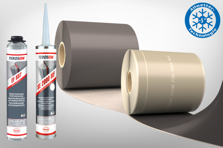 Sind Teil des Allwetter-Sortiments von Teroson Bautechnik (v. l.): der schallschützende Fenstermontageschaum ED 537, der Dicht- und Klebestoff SE 2000 MF, die schwer entflammbare Fassadenabdichtungsfolie FO 2 FR und die selbstklebende Spezialabdichtungsfolie FO 150 FOIL-TACK M+S. - © Teroson Bautechnik
