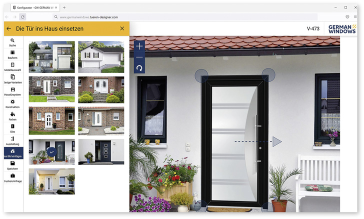 Mit dem Haustür-Konfigurator von German Windows gelangen Nutzer in nur wenigen Klicks zu ihrem Wunsch-­Element. Besonders praktisch: Sie können als Vorschau ein Bild des eigenen Hauses hochladen und sehen so auf Anhieb, ob das Endprodukt auch tatsächlich ins Gesamtbild passt. - © Foto: GW German Windows
