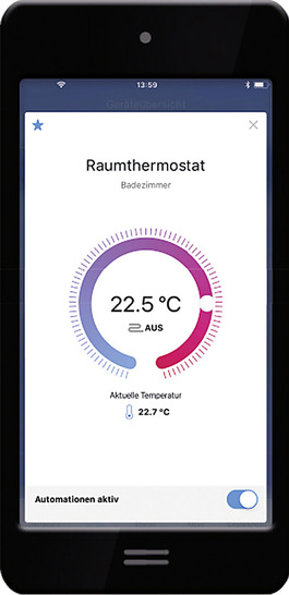 Automatik­funktionen für die Heizung einstellbar: Heizkörper­stell­antriebe von festgelegten Heizkörper ­können automatisch in den Energiespar­modus ­geschaltet werden.