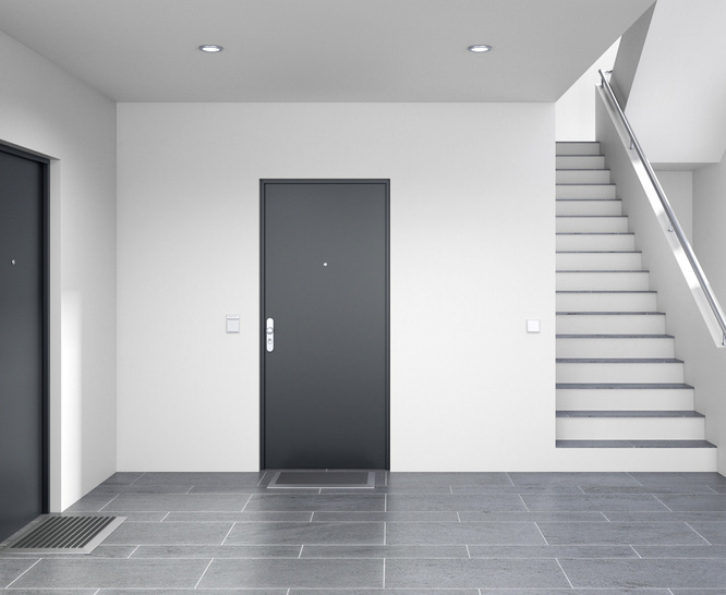 Schön, sicher und barrierefrei: Die Appartementtür von Teckentrup ist auf die ­Spezifika von Wohnungseingängen optimiert. - © Foto: Teckentrup
