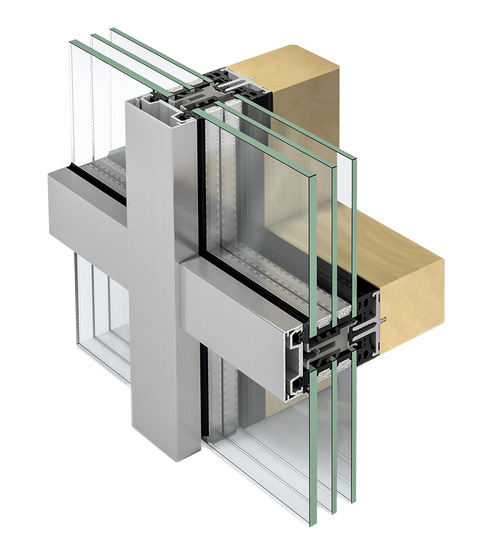 Die Aufsatzkonstruktion Schüco AOC.TI (Add-On-Construction.Timber) vereint die Werkstoffe Aluminium und Holz.