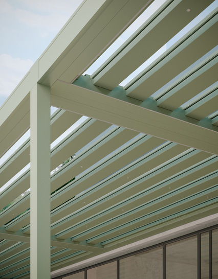 Carrera ist die erste Überdachung, die mit abwechselnd festen und beweglichen ­Lamellen ausgestattet ist, die so konzipiert sind, dass sie sich übereinander schieben.