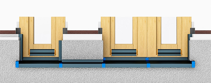 Das BUG System 500 auf einen Blick mit in sich geprüften Bauteilen: Gleitabschluss A 500 V, Stoßverbinder H 500 D, Anschraubdichtung AD 500 und Pfeileraussparung P 500.