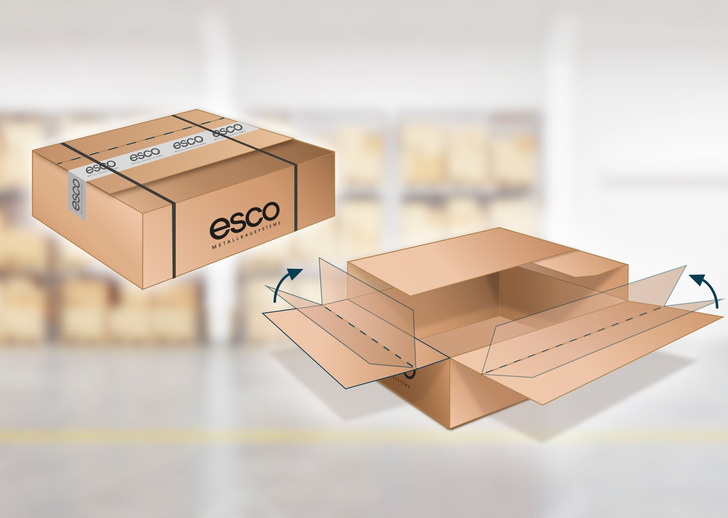 Die Verpackungsgröße der wiederverwendbaren Kartonage kann durch eine spezielle Perforierung an die Produktgröße anpasst werden.