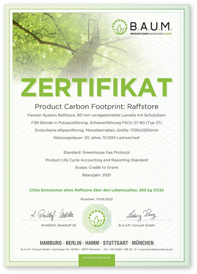 Soll die Klimawende gelingen, sind klare Fakten erforderlich: Die CO 2 -Emissionen des hier betrachteten Raffstores betragen 265 kg CO2e.