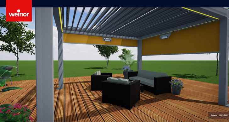 Das Lamellendach Artares lässt sich mit dem 3D Designer 2.0 realitätsgetreu am Monitor konfigurieren.