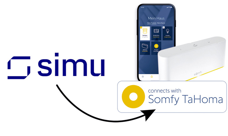Alle Simu-Produkte sind mit TaHoma Switch, der smarten Steuerungs­zentrale von Somfy, kompatibel. Mit ihr lassen sich bis zu 200 Komponenten miteinander vernetzen und per Funksender, TaHoma App oder Sprachassistent steuern.