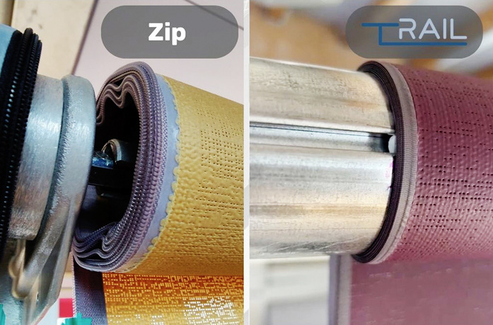Aufgewickelt ist der TRail so flach wie das Textil selbst. Die unterschiedlichen Wickeldurchmesser am ZIP zum Textil können trotz abgesetzter Tuchwellen zu Faltenbildung im Randbereich führen.