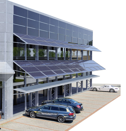  Die Gebäudesimulation zeigt den doppelten Nutzen Energiegewinnung und Sonnenschutz an der Fassade. Ein optimaler Winkel zur Sonne nutzt beiden Faktoren.